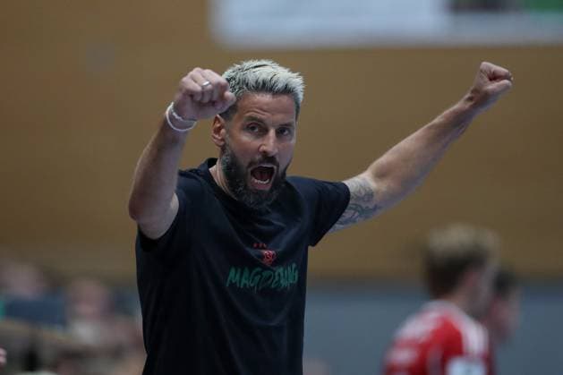 30.07.2025, xtgx, Handball, Testspiel, SC Magdeburg - Fredericia Handboldklub v.l. Bennet Wiegert (Magdeburg, Trainer) Jubel, Torjubel, jubelt ueber das Tor, celebrate the goal, celebration Ilsenburg