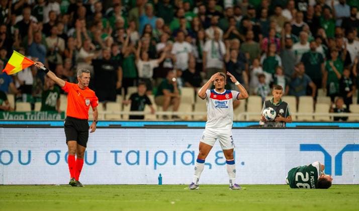 30th July 2025; Spiros Louis Olympic Stadium, Athens, Greece; UEFA Champions League Second Qualifying Round Second Leg Football, Panathinaikos versus Rangers; Max Aarons of Rangers reacts to a challenge on Facundo Pellistri of Panathinaikos deemed a foul  VagelisxGeorgariou