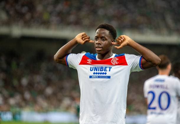 30th July 2025; Spiros Louis Olympic Stadium, Athens, Greece; UEFA Champions League Second Qualifying Round Second Leg Football, Panathinaikos versus Rangers; Djeidi Gassama of Rangers celebrates after he shoots and scores to make it 1-1 in the 60th minute  VagelisxGeorgariou