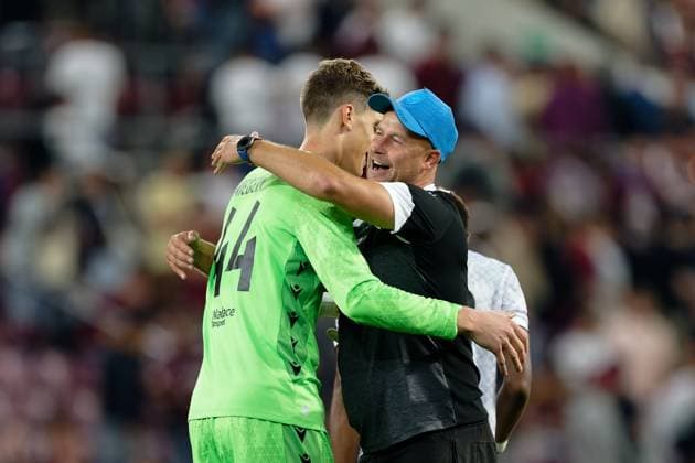 Geneva, Switzerland, July 30 2025 : Florian Wiegele (44 Viktoria Plzen) and technical staff of Viktoria Plzen celebrate after winning during the UEFA Champions League Second Qualifying Round match between Servette FC and Viktoria Plzen at Stade de Geneve in Geneva, Switzerland (Giuseppe Velletri SPP) Copyright: xGiuseppexVelletrix xSPPx spp-en-GiVeSp-DZ9_9912