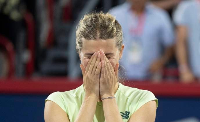 July 30, 2025, Montreal, Pq, Canada: Eugenie Bouchard of Canada reacts during her retirement ceremony following second round tennis action at the National Bank Open in Montreal, Wednesday, July 30, 2025. Canada News - July 30, 2025  - ZUMAc35_ 20250730_zaf_c35_171 Copyright: xChristinnexMuschix