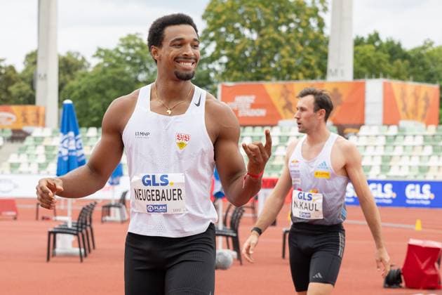 Deutsche Leichtathletik-Meisterschaften 2025 Leo Neugebauer (VfB Stuttgart) und Niklas Kaul (USC Mainz) nehmen außer Konkurrenz am 100-Meter-Lauf des Zehnkampfes teil. Deutsche Leichtathletik-Meisterschaften 2025 vom 31. Juli bis 3. August 2025 in Dresden. Zehnkampf der Maenner und Siebenkampf der Frauen., Dresden Hessen Deutschland Heinz-Steyer-Stadion *** German Athletics Championships 2025 Leo Neugebauer VfB Stuttgart and Niklas Kaul USC Mainz take part out of competition in the 100 meter run of the decathlon German Athletics Championships 2025 from 31 July to 3 August 2025 in Dresden Decathlon of men and heptathlon of women , Dresden Hesse Germany Heinz Steyer Stadium