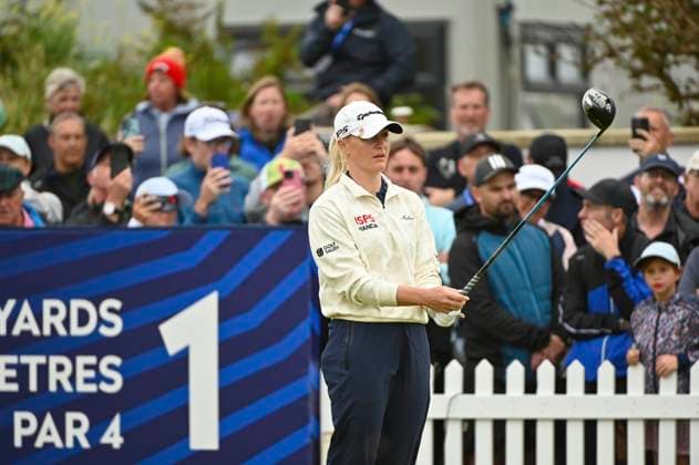 31st July 2025; Royal Porthcawl Golf Club, Porthcawl, Wales; AIG Womens Open Golf, Round 1; Charley Hull on the first tee box  AledxHopkins