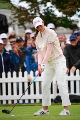 31st July 2025; Royal Porthcawl Golf Club, Porthcawl, Wales; AIG Womens Open Golf, Round 1; Darcey Harry sets to play from the 1st tee  AledxHopkins