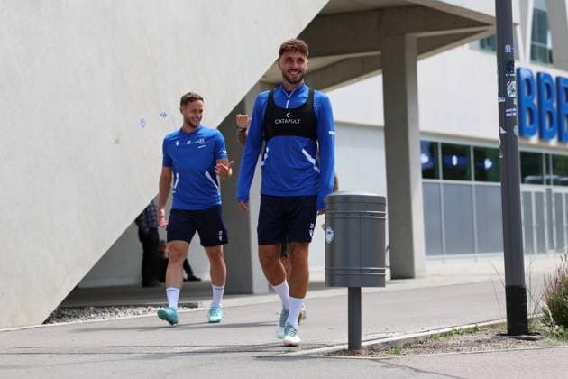 31.07.2025, xrekx, Fussball 2.Bundesliga, Karlsruher SC - Training v.l. Christoph Kobald (Karlsruher SC) Fabian Schleusener (Karlsruher SC) (DFL DFB REGULATIONS PROHIBIT ANY USE OF PHOTOGRAPHS as IMAGE SEQUENCES and or QUASI-VIDEO) Karlsruhe