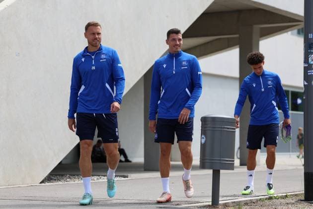 31.07.2025, xrekx, Fussball 2.Bundesliga, Karlsruher SC - Training v.l. Marcel Franke (Karlsruher SC) Nicolai Rapp (Karlsruher SC) Louey Ben Farhat (Karlsruher SC) (DFL DFB REGULATIONS PROHIBIT ANY USE OF PHOTOGRAPHS as IMAGE SEQUENCES and or QUASI-VIDEO) Karlsruhe