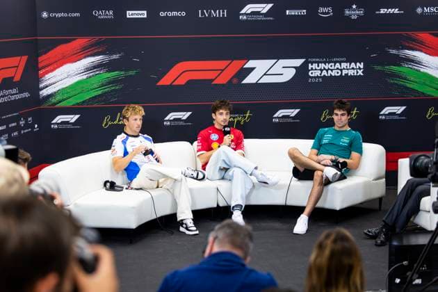 F1 - HUNGARIAN GRAND PRIX 2025 press conference, PK, Pressekonferenz LAWSON Liam (nzl), Visa Cash App RB F1 Team VCARB02, LECLERC Charles (mco), Scuderia Ferrari SF-25, STROLL Lance (can), Aston Martin F1 Team AMR25, portrait during the 2025 Formula 1 Lenovo Hungarian Grand Prix, 14th round of the 2025 FIA Formula One World Championship, WM, Weltmeisterschaft from August 1 to 3, 2025 on the Hungaroring, in Mogyorod, Hungary - MogyorodHungary Copyright: xJulienxDelfossex