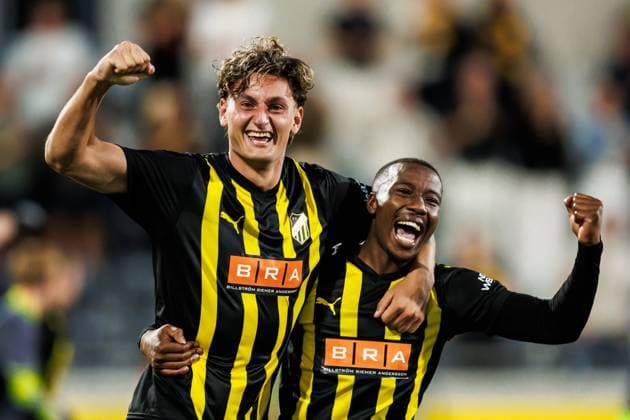 250731 Silas Andersen and Sanders Ngabo of Häcken celebrate after the UEFA Europa League second qualifying round match between Häcken and Anderlecht on July 31, 2025 in Gothenburg. BELGIUM OUT Photo: Michael Erichsen BILDBYRAN COP 89 MI0858 fotboll football soccer fotball uefa europa league kval europa league häcken anderlecht bbeng bbauto jubel Copyright: MICHAELxERICHSEN BB250731MI078
