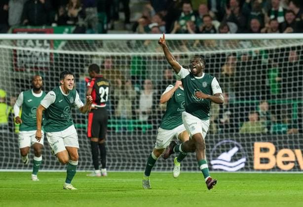 Rocky Bushiri of Hibernian celebrates scoring to tie the game 1-1 (aggregate. 2-2) during extra-time. Hibernian v Midtjylland, UEFA Europa League, 2nd Qualifying Round, Second Leg, Football, Easter Road, Edinburgh, Scotland, UK - 31 Jul 2025Edinburgh Easter Road Scotland United Kingdom EDITORIAL USE ONLY No use with unauthorised audio, video, data, fixture lists, club league logos or live services. Online in-match use limited to 120 images, no video emulation. No use in betting, games or single club league player publications. Copyright: xStuartxWallace Shutterstockx 15417989cj