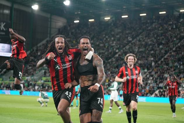 31st July 2025; Easter Road, Edinburgh, Scotland: UEFA Europa League, Second Qualifying Round, Second Leg, Hibernian versus Midtjylland; Junior Brumado of Midtjylland celebrates scoring his sides second goal in extra time to make the score 2-1  AlecxBrown