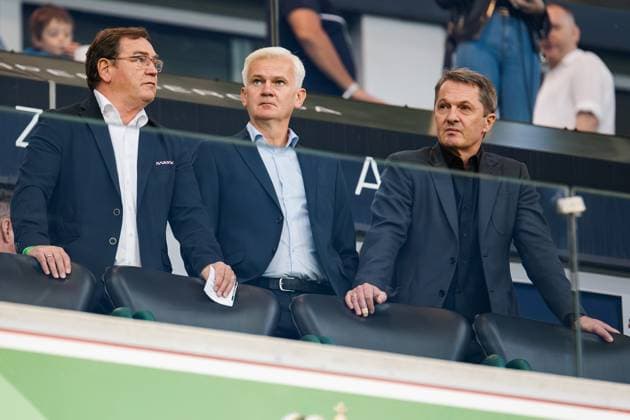 July 31, 2025, Warsaw, Poland: Jan Urban (L), Jacek Magiera (C), Jacek Zielinski (R) are seen during the 2nd round qualifying UEFA Europa League match between Legia Warszawa and FC Banik Ostrava at Marshal Jozef Pilsudski Legia Warsaw Municipal Stadium. Final score; Legia Warszawa 2:1 FC Banik Ostrava. Warsaw Poland - ZUMAs197 20250731_aaa_s197_191 Copyright: xMikolajxBarbanellx