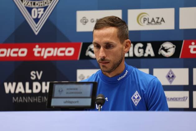 31.07.2025, xrekx, Fussball 3.Liga, SV Waldhof Mannheim - Pressekonferenz v.l. Dominik Glawogger Trainer (SV Waldhof Mannheim) (DFL DFB REGULATIONS PROHIBIT ANY USE OF PHOTOGRAPHS as IMAGE SEQUENCES and or QUASI-VIDEO) Mannheim