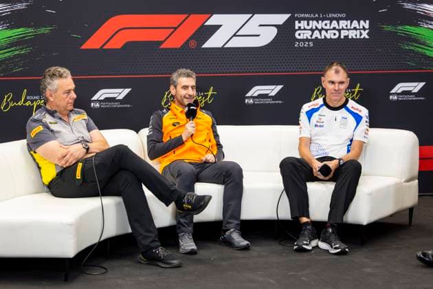 F1 - HUNGARIAN GRAND PRIX 2025 press conference, PK, Pressekonferenz ISOLA Mario (ita), Motorsport Racing Manager of Pirelli, STELLA Andrea (ita), Team Principal of McLaren F1 Team, PERMANE Alan (gbr), Team Principal of Visa Cash App RB F1 Team, portrait during the 2025 Formula 1 Lenovo Hungarian Grand Prix, 14th round of the 2025 FIA Formula One World Championship, WM, Weltmeisterschaft from August 1 to 3, 2025 on the Hungaroring, in Mogyorod, Hungary - MogyorodHungary Copyright: xJulienxDelfossex