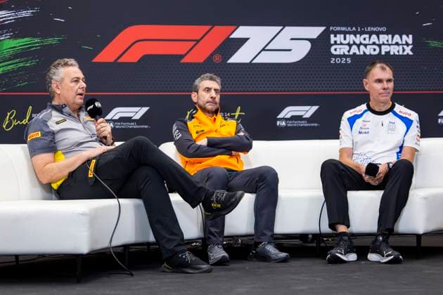 F1 - HUNGARIAN GRAND PRIX 2025 press conference, PK, Pressekonferenz ISOLA Mario (ita), Motorsport Racing Manager of Pirelli, STELLA Andrea (ita), Team Principal of McLaren F1 Team, PERMANE Alan (gbr), Team Principal of Visa Cash App RB F1 Team, portrait during the 2025 Formula 1 Lenovo Hungarian Grand Prix, 14th round of the 2025 FIA Formula One World Championship, WM, Weltmeisterschaft from August 1 to 3, 2025 on the Hungaroring, in Mogyorod, Hungary - MogyorodHungary Copyright: xJulienxDelfossex