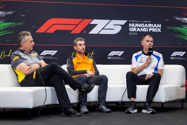 F1 - HUNGARIAN GRAND PRIX 2025 press conference, PK, Pressekonferenz ISOLA Mario (ita), Motorsport Racing Manager of Pirelli, STELLA Andrea (ita), Team Principal of McLaren F1 Team, PERMANE Alan (gbr), Team Principal of Visa Cash App RB F1 Team, portrait during the 2025 Formula 1 Lenovo Hungarian Grand Prix, 14th round of the 2025 FIA Formula One World Championship, WM, Weltmeisterschaft from August 1 to 3, 2025 on the Hungaroring, in Mogyorod, Hungary - MogyorodHungary Copyright: xJulienxDelfossex