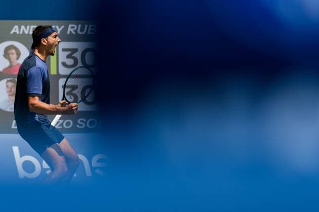 August 1, 2025, Toronto, Ontario, Canada: LORENZO SONEGO of Italy celebrates a point against ANDREY RUBLEV during the National Bank Open Presented by Rogers at Sobeys Stadium. Toronto Canada - ZUMAr228 20250801_znp_r228_021 Copyright: xVasiliyxRyabykhx