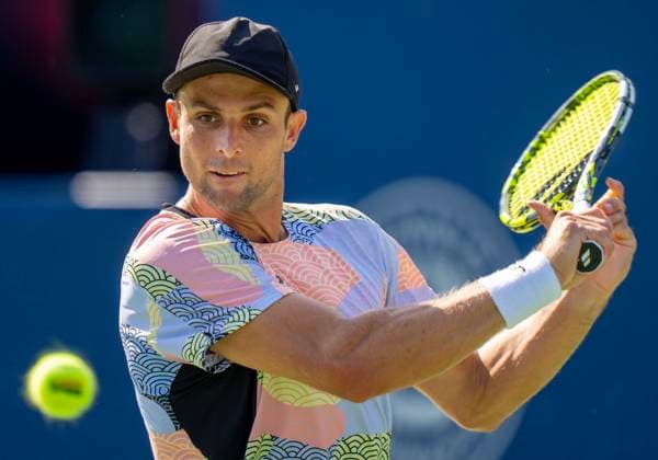 August 1, 2025, Toronto, On, Canada: Aleksandar Vukic of Australia returns a backhand to Frances Tiafoe of the USA during their match at the National Bank Open in Toronto on Friday August 1, 2025. Canada News - August 1, 2025  - ZUMAc35_ 20250801_zaf_c35_093 Copyright: xFrankxGunnx