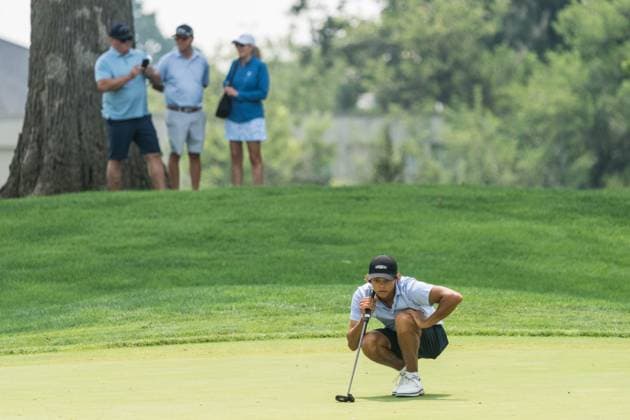 August 1, 2025, West Lafayette, Indiana, USA: CHARLIE WOODS lines up his putt on the final day of the PGA, Golf Herren Junior Championships on August 1, 2025, at the Birck Boilermaker Golf Complex in West Lafayette, Ind. West Lafayette USA - ZUMAw145 20250801_zsp_w145_010 Copyright: xDavidxWegielx