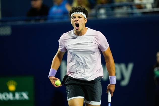 National Bank Open 2025 - Day 7 TORONTO, CANADA - AUGUST 1 : Ben Shelton of the United States reacts while playing against Brandon Nakashima of the United States on day seven of the 2025 National Bank Open at Sobeys Stadium in Toronto, Ontario, Canada on August 1 , 2025. Mert Alper Dervis Anadolu Ontario Canada. Editorial use only. Please get in touch for any other usage.  Copyright: x2025xAnadoluxMertxAlperxDervisx