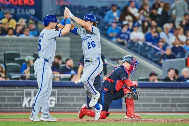 August 1, 2025, Toronto, On, Canada: Kansas City Royals outfielder Randal Grichuk (15) (left) celebrates with Kansas City Royals outfielder Adam Frazier (26) after Frazier hits a two run home run against the Toronto Blue Jays during ninth inning MLB, Baseball Herren, USA baseball action in Toronto, Friday, Aug. 1, 2025. Canada News - August 1, 2025 - ZUMAc35_ 20250801_zaf_c35_225 Copyright: xSammyxKoganx