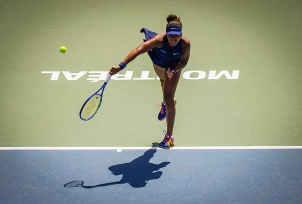 Naomi Osaka of Japan serves against Jelena Ostapenko of Latvia during the National Bank Open third round at Stade IGA on August 1, 2025 in Montreal, Canada. Photo by Mathieu Belanger AFLO) Noxthirdxpartyxsales  aflo_299227763
