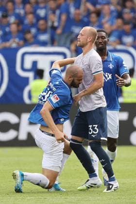 02.08.2025, xtvx, Fussball 2.Bundesliga, SV Darmstadt 98 - VfL Bochum v.l. Aleksandar Vukotic (SV Darmstadt 98) Philipp Strompf (VfL Bochum) (DFL DFB REGULATIONS PROHIBIT ANY USE OF PHOTOGRAPHS as IMAGE SEQUENCES and or QUASI-VIDEO) Darmstadt