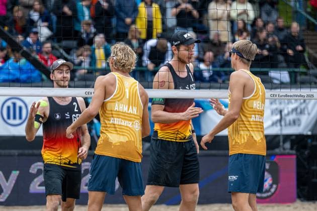RECORD DATE NOT STATED European Championship, EM, Europameisterschaft - Beachvolleyball Düsseldorf, 02.08.2025 Clemens Wickler (GER), David Åhman (SWE), Jonatan Hellvig (SWE), Nils Ehlers (GER); European Championship - Beachvolleyball Düsseldorf am 02.08.2025 Copyright: xBEAUTIFULxSPORTS PeterxWeberx