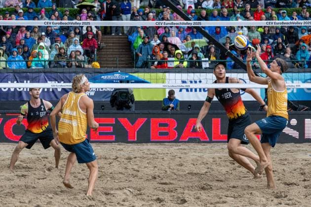RECORD DATE NOT STATED European Championship, EM, Europameisterschaft - Beachvolleyball Düsseldorf, 02.08.2025 Jonatan Hellvig (SWE), Nils Ehlers (GER), Clemens Wickler (GER); European Championship - Beachvolleyball Düsseldorf am 02.08.2025 Copyright: xBEAUTIFULxSPORTS PeterxWeberx