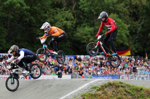 2025 UCI BMX Racing World Championships Picture by Alex Whitehead SWpix.com - 02 08 2024 - Cycling - 2025 UCI BMX Racing World Championships - Copenhagen, Denmark - Men Elite Round 1 - Joris Daudet (France), Niek Kimmann (Netherlands), Magnus Dyhre (Denmark) Copyright: x xSWpix.comx(t axPhotographyxHubxLtd)xAlexxWhitehead SWpix.comx SWP-3030-0108