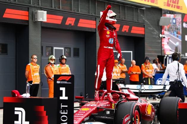 F1 Hungarian Grand Prix Charles Leclerc of Ferrari reacts after winning the pole position during the qualifying session of the Formula One Hungarian Grand Prix at the Hungaroring circuit in Mogyorod near Budapest on August 2nd, 2025. Budapest Hungary  Copyright: xBeataxZawrzelx originalFilename:zawrzel-f1hungar250802_npnem.jpg