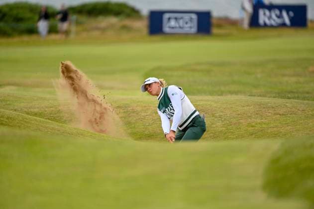 2nd August 2025; Royal Porthcawl Golf Club, Porthcawl, Wales; AIG Womens Open Golf, Round 3; Pauline Roussin& x2011;Bouchard hitting a bunker shot  AledxHopkins