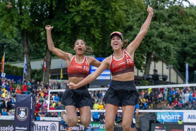 RECORD DATE NOT STATED European Championship, EM, Europameisterschaft - Beachvolleyball Düsseldorf, 02.08.2025 Clémence Vieira (FRA), Aline Chamreau (FRA); European Championship - Beachvolleyball Düsseldorf am 02.08.2025 Copyright: xBEAUTIFULxSPORTS PeterxWeberx