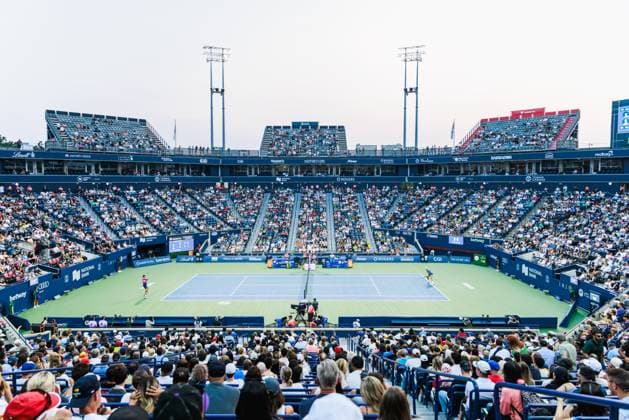 TORONTO, ON - AUGUST 02: (L-R) Alexei Popyrin (AUS) and Holger Rune (DEN) are seen during Round of 16 men™s singles action at the ATP, Tennis Herren National Bank Open on August 02, 2025 at Sobeys Stadium in Toronto, ON (Photo by Mathew Tsang Icon Sportswire) TENNIS: AUG 02 National Bank Open EDITORIAL USE ONLY Icon250802039