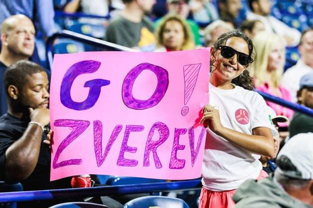 TORONTO, ON - AUGUST 02: A fan holding a sign with GO! ZVEREV is seen during a Round of 16 men™s singles match at the ATP, Tennis Herren National Bank Open on August 02, 2025 at Sobeys Stadium in Toronto, ON (Photo by Mathew Tsang Icon Sportswire) TENNIS: AUG 02 National Bank Open EDITORIAL USE ONLY Icon250802045