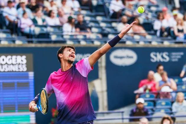 TORONTO, ON - AUGUST 02: Alexei Popyrin (AUS) is seen during Round of 16 men™s singles action at the ATP, Tennis Herren National Bank Open on August 02, 2025 at Sobeys Stadium in Toronto, ON (Photo by Mathew Tsang Icon Sportswire) TENNIS: AUG 02 National Bank Open EDITORIAL USE ONLY Icon250802008