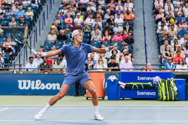 TORONTO, ON - AUGUST 02: Holger Rune (DEN) is seen during Round of 16 men™s singles action at the ATP, Tennis Herren National Bank Open on August 02, 2025 at Sobeys Stadium in Toronto, ON (Photo by Mathew Tsang Icon Sportswire) TENNIS: AUG 02 National Bank Open EDITORIAL USE ONLY Icon250802013
