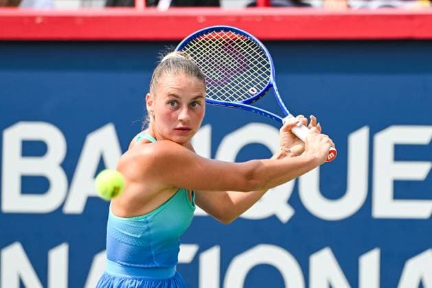 MONTREAL, QC - AUGUST 02: Marta Kostyuk (UKR) returns the ball during a fourth round match at WTA, Tennis Damen National Bank Open on August 02, 2025 at IGA Stadium in Montreal, QC (Photo by David Kirouac Icon Sportswire) TENNIS: AUG 02 National Bank Open EDITORIAL USE ONLY Icon250802023