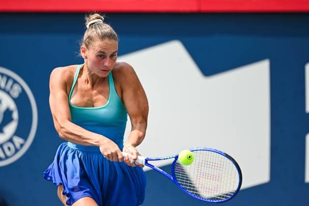 MONTREAL, QC - AUGUST 02: Marta Kostyuk (UKR) returns the ball during a fourth round match at WTA, Tennis Damen National Bank Open on August 02, 2025 at IGA Stadium in Montreal, QC (Photo by David Kirouac Icon Sportswire) TENNIS: AUG 02 National Bank Open EDITORIAL USE ONLY Icon250802006
