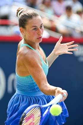 MONTREAL, QC - AUGUST 02: Marta Kostyuk (UKR) returns the ball during a fourth round match at WTA, Tennis Damen National Bank Open on August 02, 2025 at IGA Stadium in Montreal, QC (Photo by David Kirouac Icon Sportswire) TENNIS: AUG 02 National Bank Open EDITORIAL USE ONLY Icon250802010