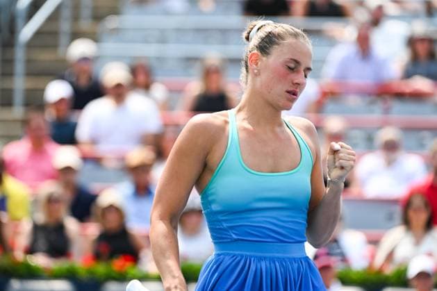 MONTREAL, QC - AUGUST 02: Marta Kostyuk (UKR) reacts after winning a point during a fourth round match at WTA, Tennis Damen National Bank Open on August 02, 2025 at IGA Stadium in Montreal, QC (Photo by David Kirouac Icon Sportswire) TENNIS: AUG 02 National Bank Open EDITORIAL USE ONLY Icon250802011
