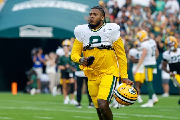 August 2, 2025: Green Bay Packers running back Josh Jacobs (8) during the 24th Annual Green Bay Packers Family Night at Lambeau Field in Green Bay, Wisconsin. CSM Green Bay United States of America - ZUMAc04_ 20250802_zma_c04_171 Copyright: xDarrenxLeex