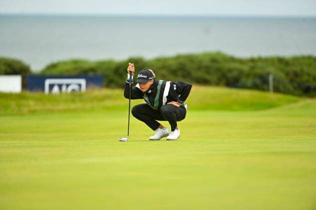 1st August 2025; Royal Porthcawl Golf Club, Porthcawl, Wales; AIG Womens Open Golf, Round 2; Pauline Roussin& x2011;Bouchard looking at the green on 18  AledxHopkins