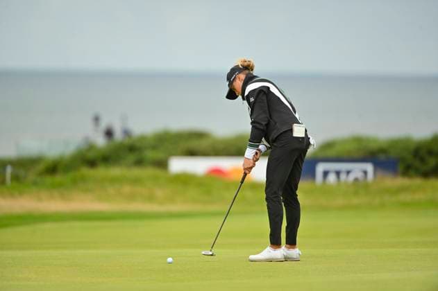 1st August 2025; Royal Porthcawl Golf Club, Porthcawl, Wales; AIG Womens Open Golf, Round 2; Pauline Roussin& x2011;Bouchard putting on the 18th green  AledxHopkins