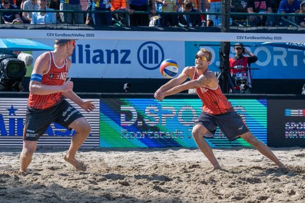 RECORD DATE NOT STATED European Championship, EM, Europameisterschaft - Beachvolleyball Düsseldorf, 03.08.2025 Yorick de Groot (NED) in der Abwehr, Stefan Boermans (NED); European Championship - Beachvolleyball Düsseldorf am 03.08.2025 Copyright: xBEAUTIFULxSPORTS PeterxWeberx