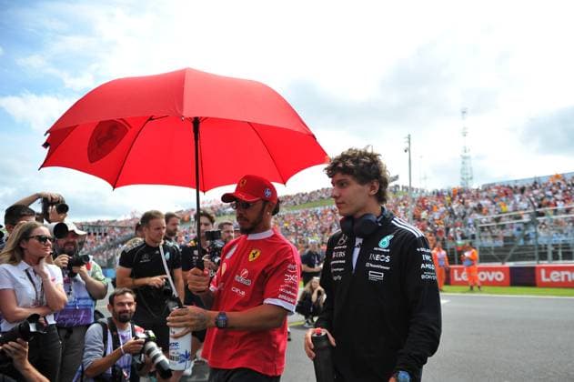 August 3, 2025, Budapest, Budapest, Hungary: Lewis Hamilton, driver for Ferrari and Kimi Antonelli, driver for Mercedes during the drivers parade before the Formula One Hungarian Grand Prix, held at the Hungaroring Budapest Hungary - ZUMAs291 20250803_zip_s291_009 Copyright: xBalintxSzentgallayx