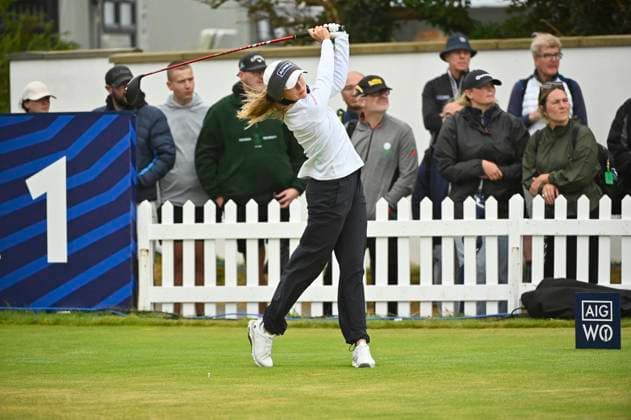 3rd August 2025; Royal Porthcawl Golf Club, Porthcawl, Wales; AIG Womens Open Golf, Final Round; Emma Spitz teeing off on the 1st  AledxHopkins