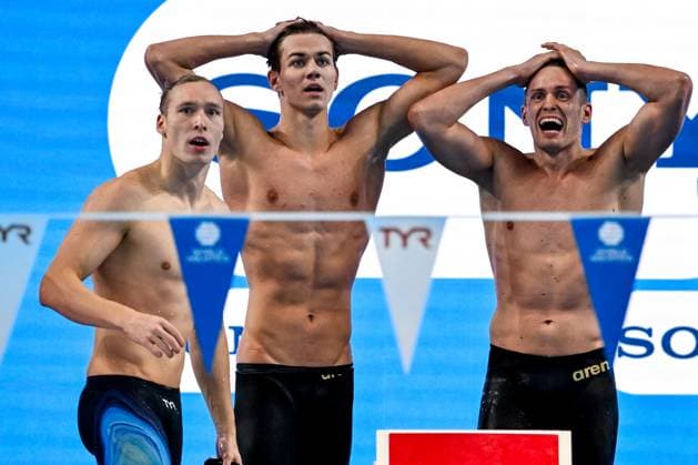 Independent Athletes of Russia celebrate after winning the gold medal in the swimming 4x100m Medley Relay Men Final during the 22nd World Aquatics Championships at the WAC Arena in Singapore (Singapore), August 3, 2025. Andrea Masini