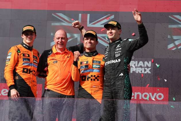 81 Oscar Piastri (AUS, McLaren F1 Team), 4 Lando Norris (GBR, McLaren F1 Team), 63 George Russell (GBR, Mercedes-AMG Petronas F1 Team), F1 Grand Prix of Hungary at Hungaroring on August 3, 2025 in Budapest, Hungary. (Photo by HOCH ZWEI) Budapest Hungary