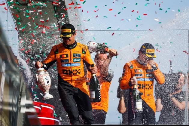 F1 - HUNGARIAN GRAND PRIX 2025 Podium: NORRIS Lando (gbr), McLaren F1 Team MCL39, PIASTRI Oscar (aus), McLaren F1 Team MCL39, portrait during the 2025 Formula 1 Lenovo Hungarian Grand Prix, 14th round of the 2025 FIA Formula One World Championship, WM, Weltmeisterschaft from August 1 to 3, 2025 on the Hungaroring, in Mogyorod, Hungary - MogyorodHungary Copyright: xFLORENTxGOODENx
