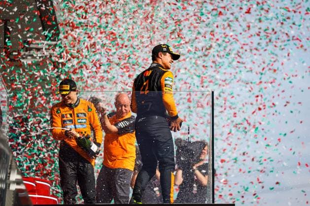 F1 - HUNGARIAN GRAND PRIX 2025 Podium: NORRIS Lando (gbr), McLaren F1 Team MCL39, PIASTRI Oscar (aus), McLaren F1 Team MCL39, portrait during the 2025 Formula 1 Lenovo Hungarian Grand Prix, 14th round of the 2025 FIA Formula One World Championship, WM, Weltmeisterschaft from August 1 to 3, 2025 on the Hungaroring, in Mogyorod, Hungary - MogyorodHungary Copyright: xFLORENTxGOODENx